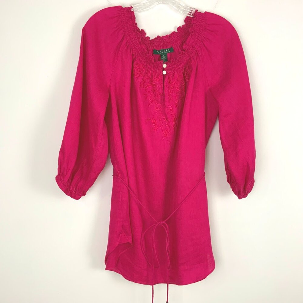 Lauren Ralph Lauren Fuschia Linen Peasant Embroidered Blouse Tie Waist Sz L - Picture 5 of 16